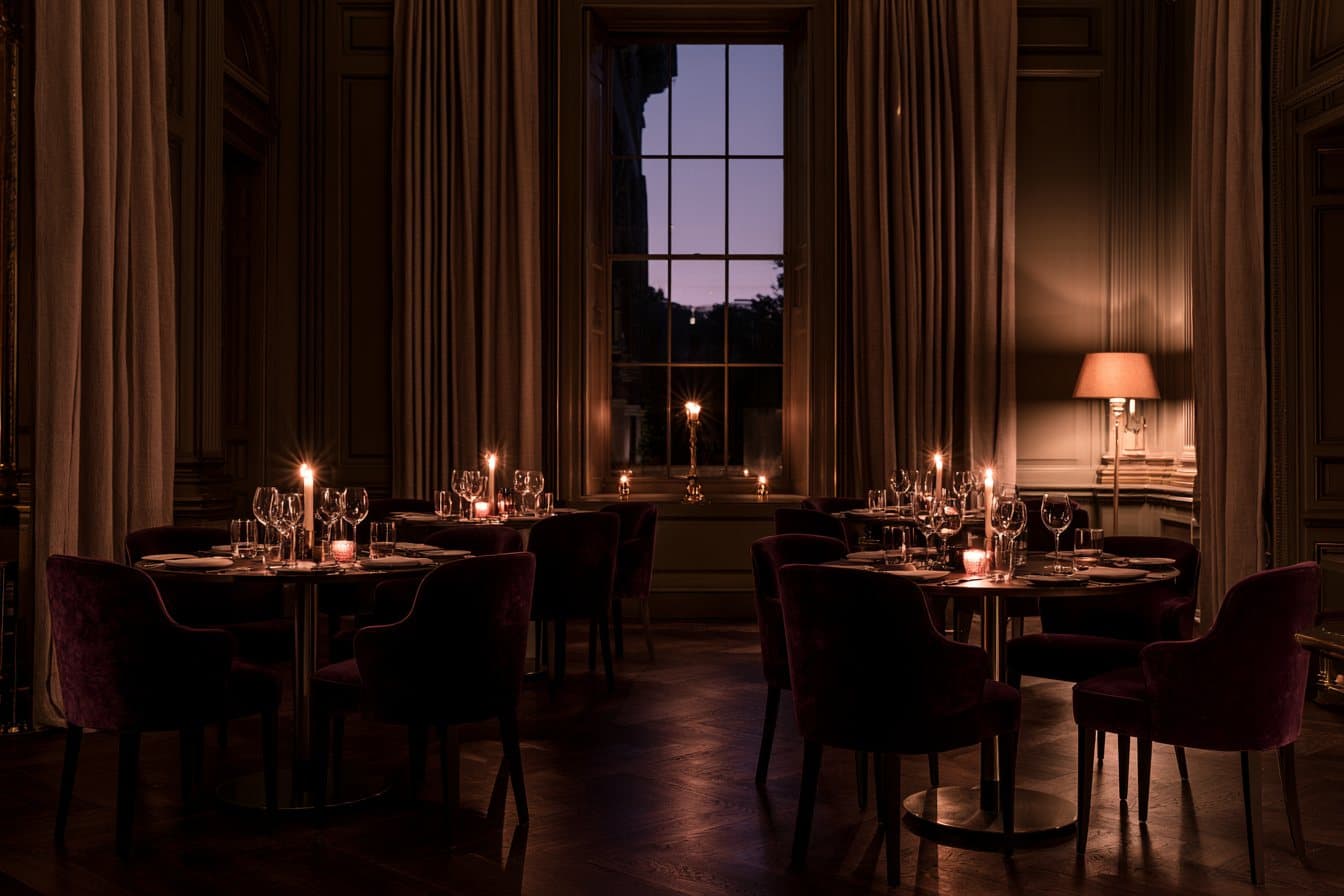 A private dining room at dusk, round tables set with candles and deep velvet chairs
